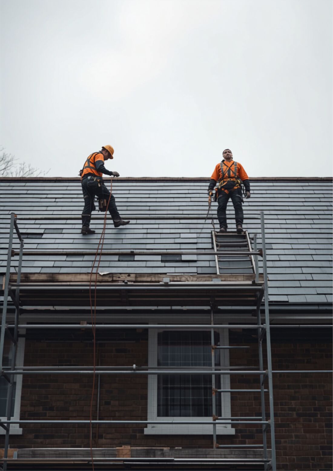 Two roofers re-roofing a house from scaffolding in Headingley
